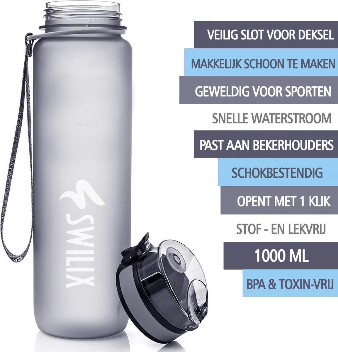Swilix ® Drinkfles - 1 Liter - Drinkfles Met Tijdmarkering - Grijs 2 Swilix ® Drinkfles - 1 Liter - Drinkfles Met Tijdmarkering - Grijs - Afbeelding 2