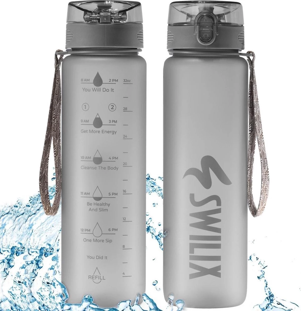 Swilix ® Drinkfles - 1 Liter - Drinkfles Met Tijdmarkering - Grijs 1 Swilix ® Drinkfles - 1 Liter - Drinkfles Met Tijdmarkering - Grijs