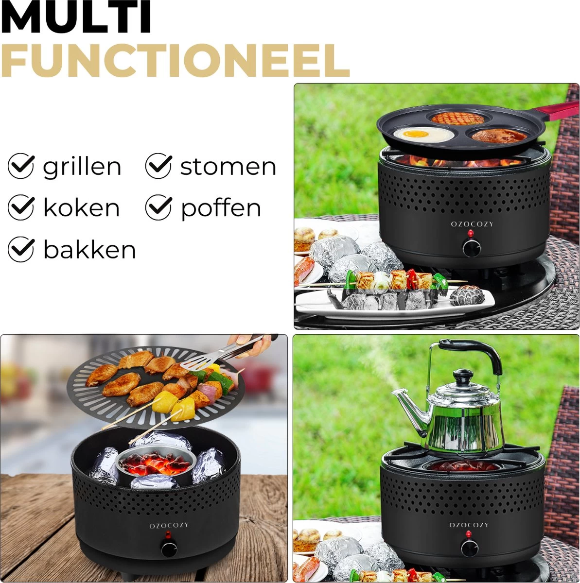 Ozocozy BBQ-ONE Houtskool Tafelbarbecue - Ø30 Cm- Zwart - Incl. Draagtas, Siliconen Bakkwast En RVS-Barbecuetang 9 Ozocozy BBQ-ONE Houtskool Tafelbarbecue - Ø30 Cm- Zwart - Incl. Draagtas, Siliconen Bakkwast En RVS-Barbecuetang - Afbeelding 9