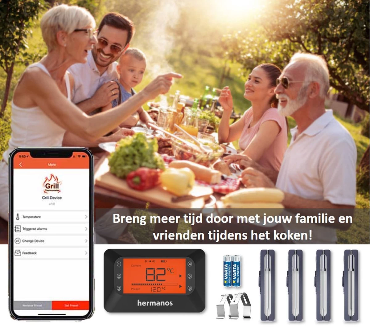 Hermanos® Digitale BBQ Thermometer Draadloos - Keukenthermometer - Bluetooth Met App - 4 Sondes - Magneet - Incl. Batterijen 3 Hermanos® Digitale BBQ Thermometer Draadloos - Keukenthermometer - Bluetooth Met App - 4 Sondes - Magneet - Incl. Batterijen - Afbeelding 3