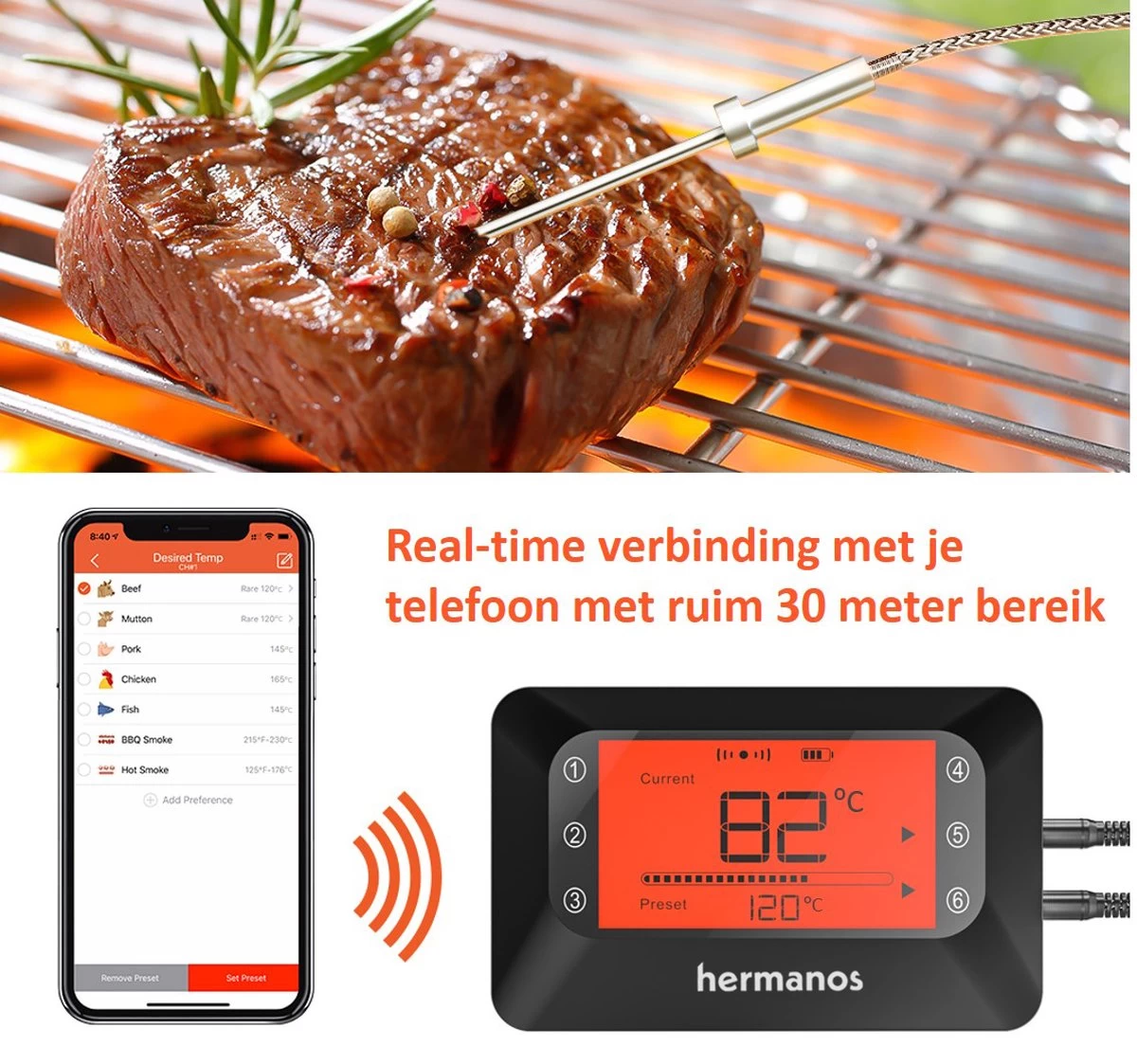 Hermanos® Digitale BBQ Thermometer Draadloos - Keukenthermometer - Bluetooth Met App - 4 Sondes - Magneet - Incl. Batterijen 2 Hermanos® Digitale BBQ Thermometer Draadloos - Keukenthermometer - Bluetooth Met App - 4 Sondes - Magneet - Incl. Batterijen - Afbeelding 2