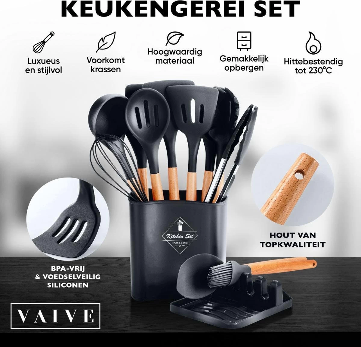 VAIVE Kookgerei Set 13-delig Met Houder - Keukengerei Set - Garde - Spatel Silicone 6 VAIVE Kookgerei Set 13-delig Met Houder - Keukengerei Set - Garde - Spatel Silicone - Afbeelding 6