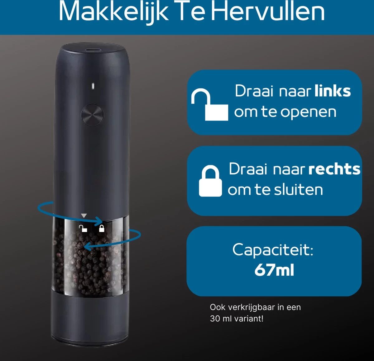 GOV Elektrische Peper- En Zoutmolen Zwart XL Set Oplaadbaar - Pepermolen - Peper En Zoutstel 3 GOV Elektrische Peper- En Zoutmolen Zwart XL Set Oplaadbaar - Pepermolen - Peper En Zoutstel - Afbeelding 3