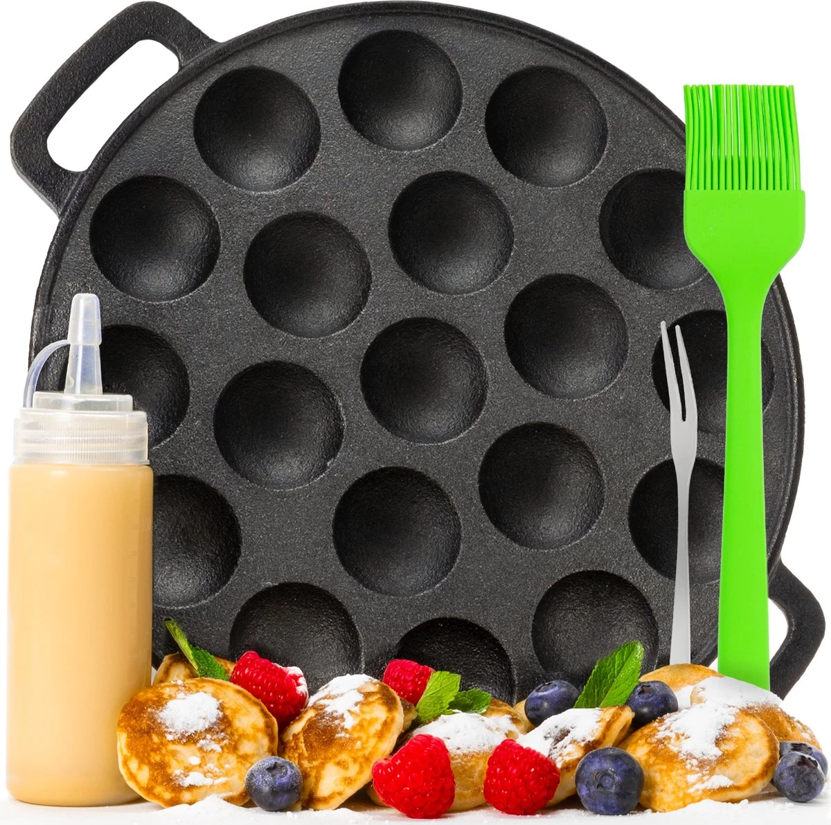 IRONO Poffertjespan Set - Incl. Doseerfles, Kwast En Vork - Poffertjespan Inductie En Electrisch - Poffertjesmaker 19 Poffertjes - Poffertjes Maken - Spuitfles - Cadeau Voor Mannen En Vrouwen 1 IRONO Poffertjespan Set - Incl. Doseerfles, Kwast En Vork - Poffertjespan Inductie En Electrisch - Poffertjesmaker 19 Poffertjes - Poffertjes Maken - Spuitfles - Cadeau Voor Mannen En Vrouwen