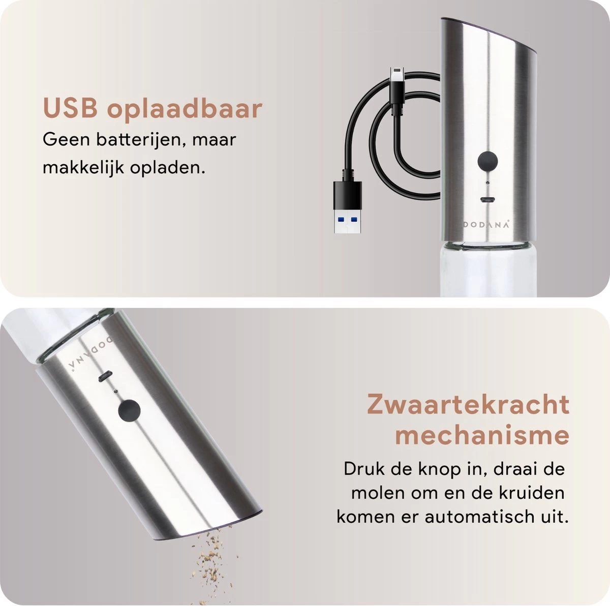 DODANA Premium Peper - & Zoutmolen Elektrisch - 1 Stuk - Pepermolen - Zoutmolen - Oplaadbaar - USB - Elektrische Pepermolen - RVS - Zwaartekracht Functie - LED Lamp - Nl Handleiding - Incl Borsteltje 4 DODANA Premium Peper - & Zoutmolen Elektrisch - 1 Stuk - Pepermolen - Zoutmolen - Oplaadbaar - USB - Elektrische Pepermolen - RVS - Zwaartekracht Functie - LED Lamp - Nl Handleiding - Incl Borsteltje - Afbeelding 4
