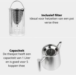 Castagnola Theepot Met Filter – Theekan – Theepot Dubbelwandig – Theepot Roestvrijstaal – Hoogwaardig RVS – 1 Liter – 5 Kopjes Thee – Zilver 11 Castagnola Theepot Met Filter – Theekan – Theepot Dubbelwandig – Theepot Roestvrijstaal – Hoogwaardig RVS – 1 Liter – 5 Kopjes Thee – Zilver -Demeyere Winkel 1200x1195 4