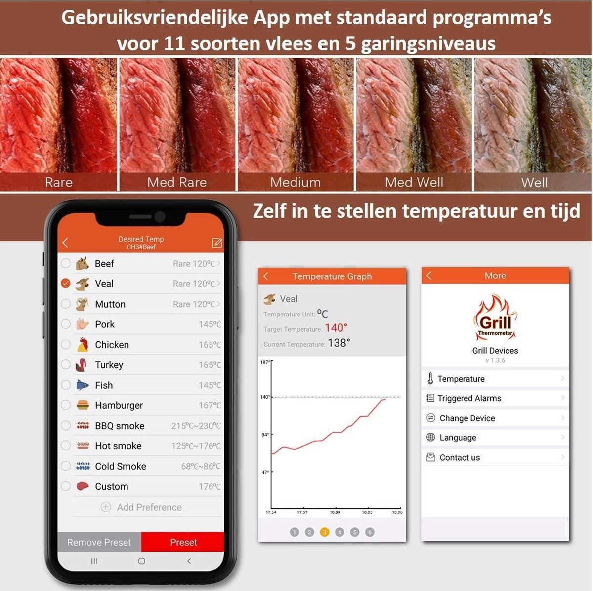 Hermanos® Digitale BBQ Thermometer Draadloos - Keukenthermometer - Bluetooth Met App - 4 Sondes - Magneet - Incl. Batterijen 5 Hermanos® Digitale BBQ Thermometer Draadloos - Keukenthermometer - Bluetooth Met App - 4 Sondes - Magneet - Incl. Batterijen - Afbeelding 5