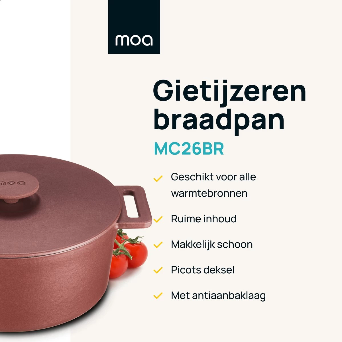 MOA Gietijzeren Braadpan - Inhoud 4,75 Liter - 26CM - Rond - Alle Warmtebronnen - Ook Voor Inductie - Gewicht 5,8 Kg - Bordeaux Rood - MC26BR 2 MOA Gietijzeren Braadpan - Inhoud 4,75 Liter - 26CM - Rond - Alle Warmtebronnen - Ook Voor Inductie - Gewicht 5,8 Kg - Bordeaux Rood - MC26BR - Afbeelding 2