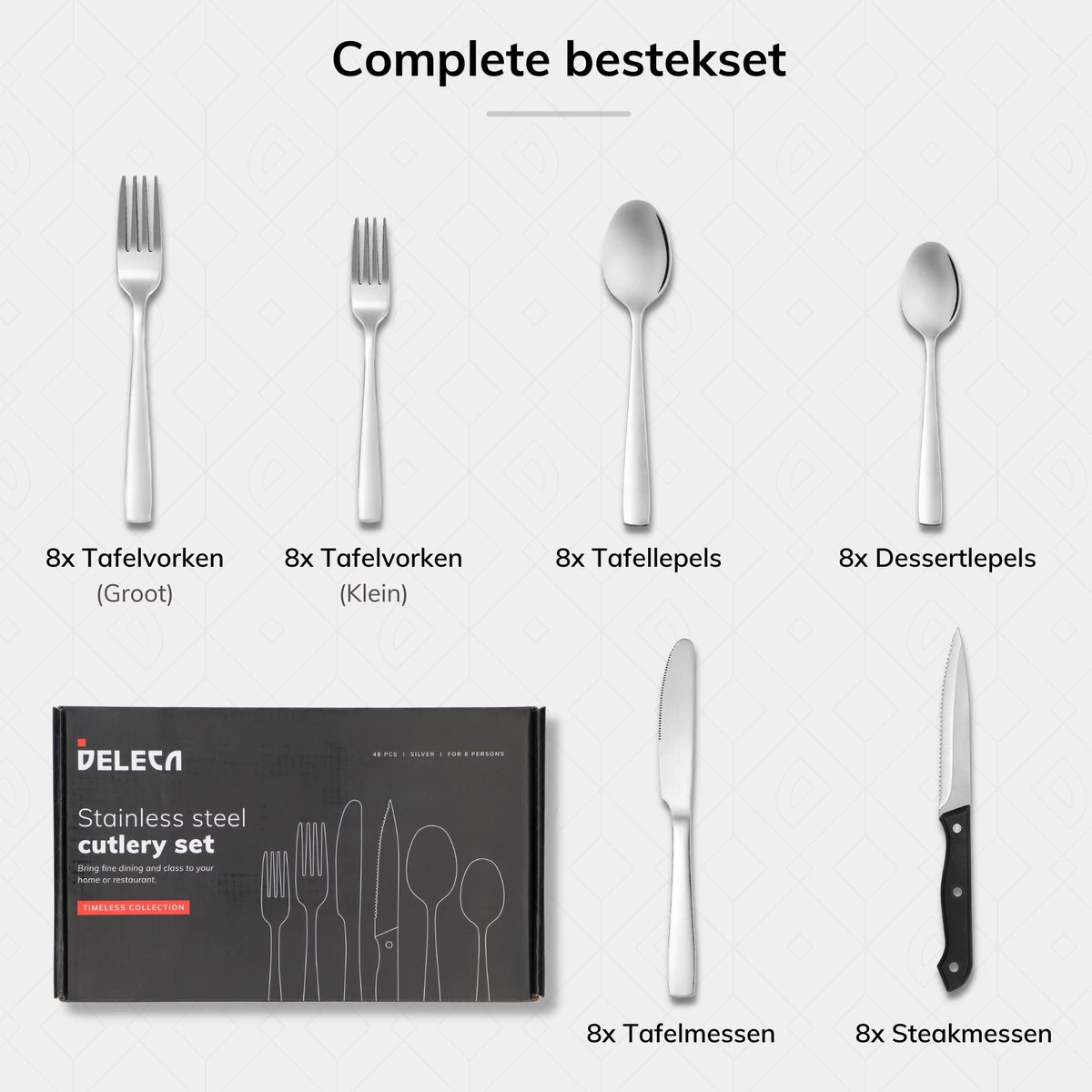 Deleca 8 Persoons Bestekset (48-delig) - Lepels, Messen, Vorken & Steakmessen - Vaatwasserbestendig - Zilver / RVS 10 Deleca 8 Persoons Bestekset (48-delig) - Lepels, Messen, Vorken & Steakmessen - Vaatwasserbestendig - Zilver / RVS - Afbeelding 10