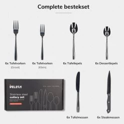 Deleca 6 Persoons Bestekset (36-delig) - Lepels, Messen, Vorken & Steakmessen - Vaatwasserbestendig - Zwart / RVS -Demeyere Winkel 1200x1200 586