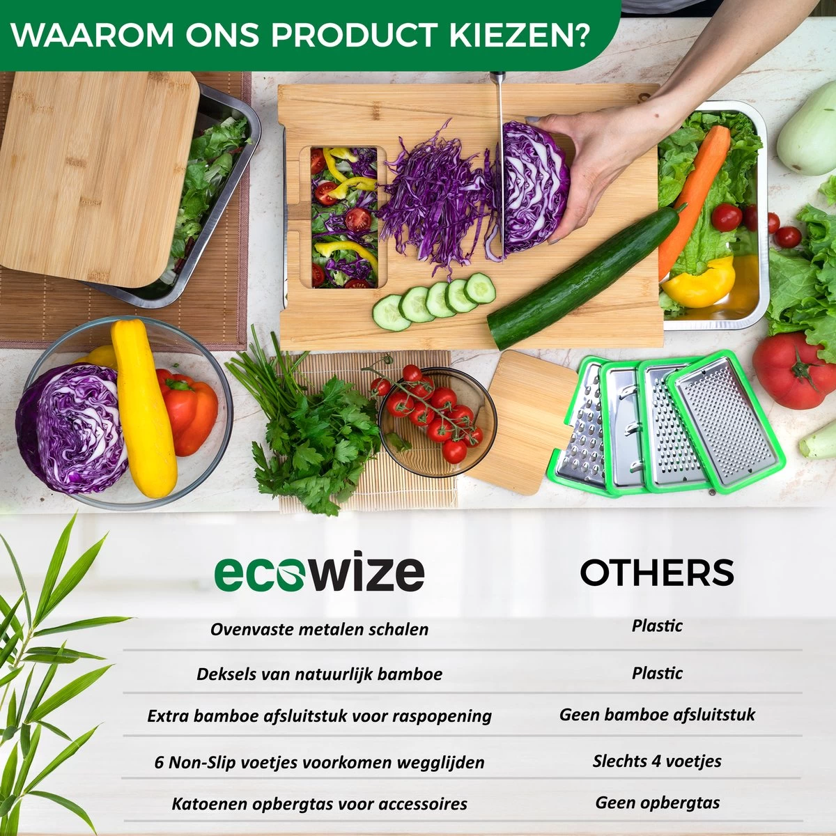 Ecowize 3-in-1 Bamboe Snijplank Met Opvangbak - Snijplank Hout Incl. 3 Roestvrijstalen Opvangbakjes Met Bamboe Deksel, 4 Inzetbare Raspen - Groentesnijder, Hakblok, Borrelplank, Tapasplank, Broodplank - 40x30cm - Duurzaam Cadeau 2 Ecowize 3-in-1 Bamboe Snijplank Met Opvangbak - Snijplank Hout Incl. 3 Roestvrijstalen Opvangbakjes Met Bamboe Deksel, 4 Inzetbare Raspen - Groentesnijder, Hakblok, Borrelplank, Tapasplank, Broodplank - 40x30cm - Duurzaam Cadeau - Afbeelding 2