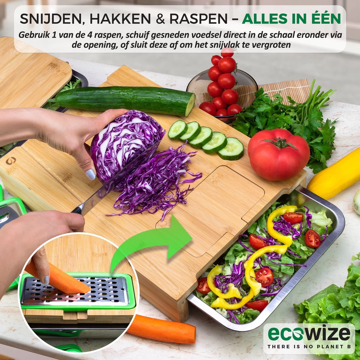 Ecowize 3-in-1 Bamboe Snijplank Met Opvangbak - Snijplank Hout Incl. 3 Roestvrijstalen Opvangbakjes Met Bamboe Deksel, 4 Inzetbare Raspen - Groentesnijder, Hakblok, Borrelplank, Tapasplank, Broodplank - 40x30cm - Duurzaam Cadeau 5 Ecowize 3-in-1 Bamboe Snijplank Met Opvangbak - Snijplank Hout Incl. 3 Roestvrijstalen Opvangbakjes Met Bamboe Deksel, 4 Inzetbare Raspen - Groentesnijder, Hakblok, Borrelplank, Tapasplank, Broodplank - 40x30cm - Duurzaam Cadeau - Afbeelding 5