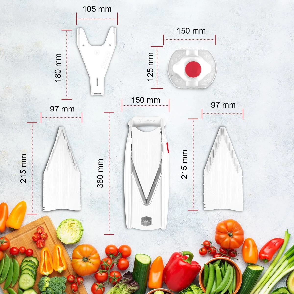 Börner Mandoline V5 PowerLine - Inclusief Opbergbox - Geleverd In Mooie Doos - 6-delige Set - 7 Snijdiktes - Geschikt Als Frietsnijder - BPA-vrij En Roestvrij - Grijs 7 Börner Mandoline V5 PowerLine - Inclusief Opbergbox - Geleverd In Mooie Doos - 6-delige Set - 7 Snijdiktes - Geschikt Als Frietsnijder - BPA-vrij En Roestvrij - Grijs - Afbeelding 7