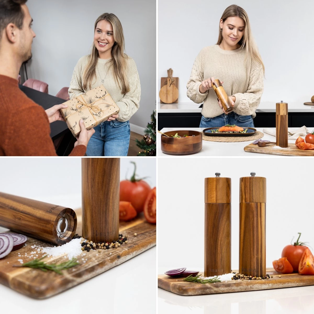 Deleca Luxe Peper En Zoutmolen Set - Zout / Pepermolen - Handmatig - Met Navul Lepel & Geschenkdoos - Acacia Hout - Rond 2 Deleca Luxe Peper En Zoutmolen Set - Zout / Pepermolen - Handmatig - Met Navul Lepel & Geschenkdoos - Acacia Hout - Rond - Afbeelding 2
