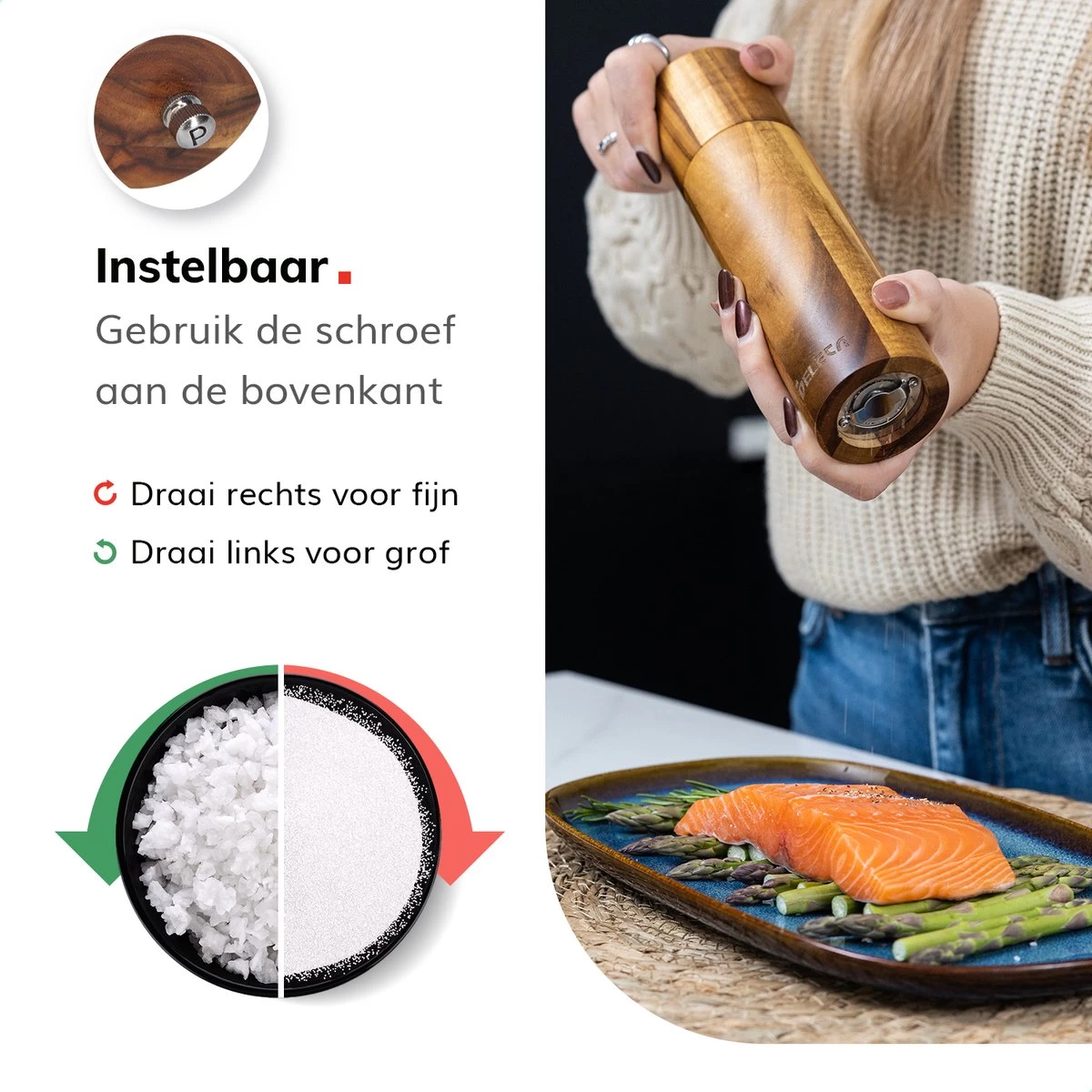 Deleca Luxe Peper En Zoutmolen Set - Zout / Pepermolen - Handmatig - Met Navul Lepel & Geschenkdoos - Acacia Hout - Rond 6 Deleca Luxe Peper En Zoutmolen Set - Zout / Pepermolen - Handmatig - Met Navul Lepel & Geschenkdoos - Acacia Hout - Rond - Afbeelding 6