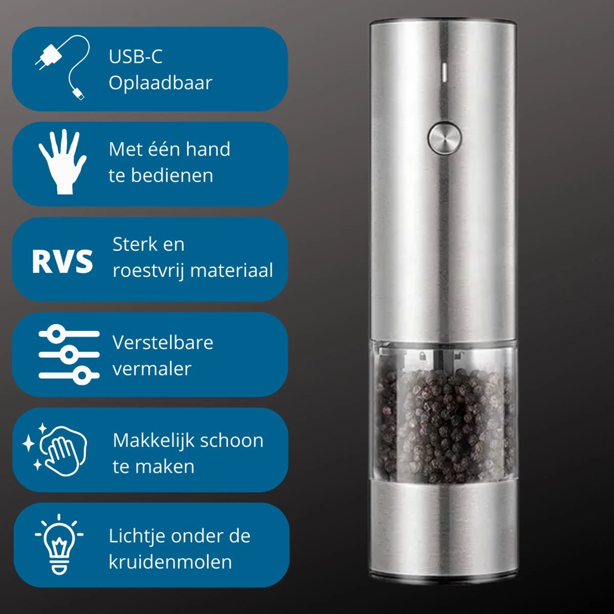 GOV Elektrische Peper- En Zoutmolen RVS XL Oplaadbaar - Automatische Pepermolen 3 GOV Elektrische Peper- En Zoutmolen RVS XL Oplaadbaar - Automatische Pepermolen - Afbeelding 3