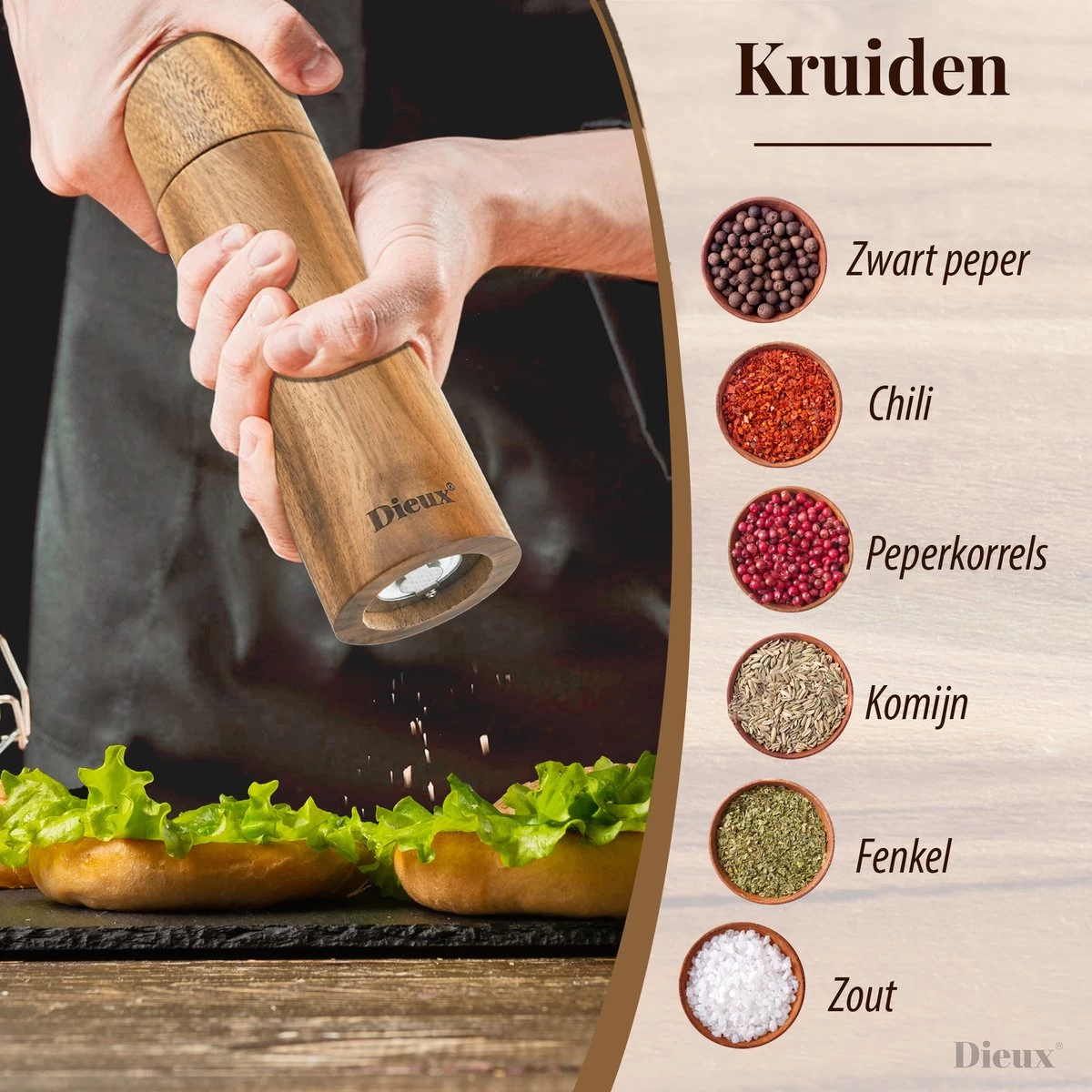 Dieux® - Peper En Zoutmolen Set - Cilinder Vorm - 22CM - Zout Peper Kruiden - 2 Stuks - Acacia Hout - Instelbare Maalgraad - Duurzaam - Luxe Kwaliteit - Hervulbaar - Pepermolen - Zoutmolen - BBQ Accesoires - Pasen 2 Dieux® - Peper En Zoutmolen Set - Cilinder Vorm - 22CM - Zout Peper Kruiden - 2 Stuks - Acacia Hout - Instelbare Maalgraad - Duurzaam - Luxe Kwaliteit - Hervulbaar - Pepermolen - Zoutmolen - BBQ Accesoires - Pasen - Afbeelding 2