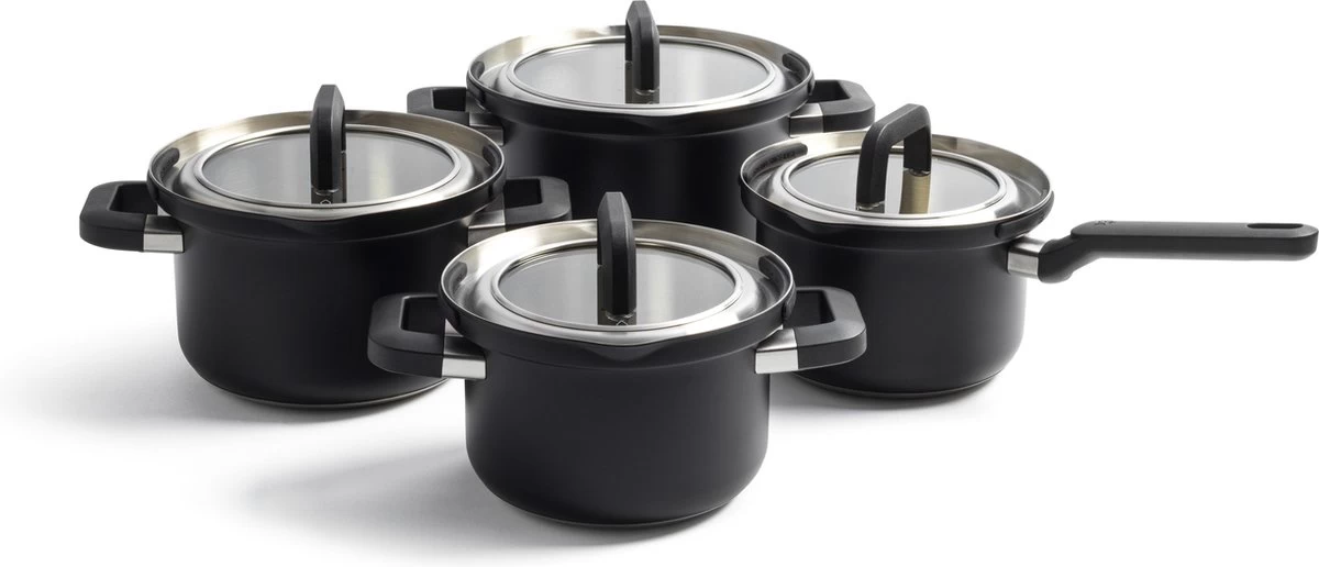 BK Flow Cool Black Glas Kookpannenset - 4-delig - Zwart - Glazen Deksel - Veilig Afgietsysteem - Inductie 1 BK Flow Cool Black Glas Kookpannenset - 4-delig - Zwart - Glazen Deksel - Veilig Afgietsysteem - Inductie