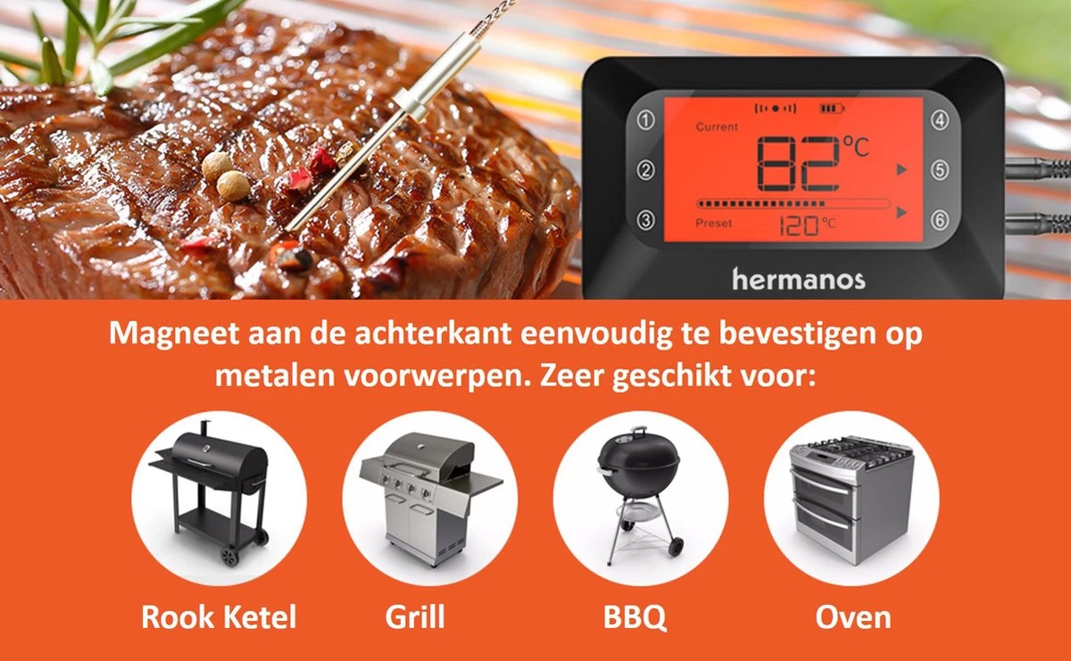 Hermanos® Digitale BBQ Thermometer Draadloos - Keukenthermometer - Bluetooth Met App - 4 Sondes - Magneet - Incl. Batterijen 6 Hermanos® Digitale BBQ Thermometer Draadloos - Keukenthermometer - Bluetooth Met App - 4 Sondes - Magneet - Incl. Batterijen - Afbeelding 6