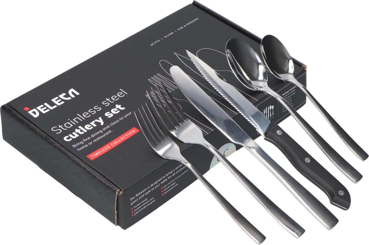 Deleca 8 Persoons Bestekset (48-delig) - Lepels, Messen, Vorken & Steakmessen - Vaatwasserbestendig - Zilver / RVS 9 Deleca 8 Persoons Bestekset (48-delig) - Lepels, Messen, Vorken & Steakmessen - Vaatwasserbestendig - Zilver / RVS - Afbeelding 9