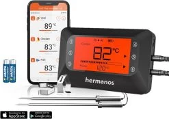 Hermanos® Digitale BBQ Thermometer Draadloos - Vleesthermometer - Oventhermometer - Bluetooth Met App - 2 Meetsondes - Magneet - Incl. Batterijen