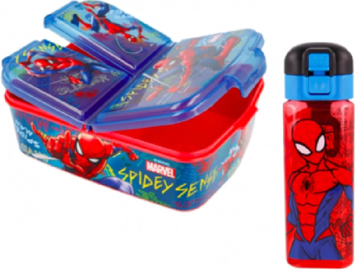 Star Spiderman 3 Vak Brooddoos / Broodtrommel + Grote Tritan Vierkante Drinkfles - 550 Ml 1 Star Spiderman 3 Vak Brooddoos / Broodtrommel + Grote Tritan Vierkante Drinkfles - 550 Ml