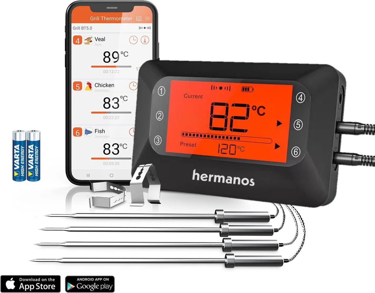 Hermanos® Digitale BBQ Thermometer Draadloos - Keukenthermometer - Bluetooth Met App - 4 Sondes - Magneet - Incl. Batterijen 1 Hermanos® Digitale BBQ Thermometer Draadloos - Keukenthermometer - Bluetooth Met App - 4 Sondes - Magneet - Incl. Batterijen