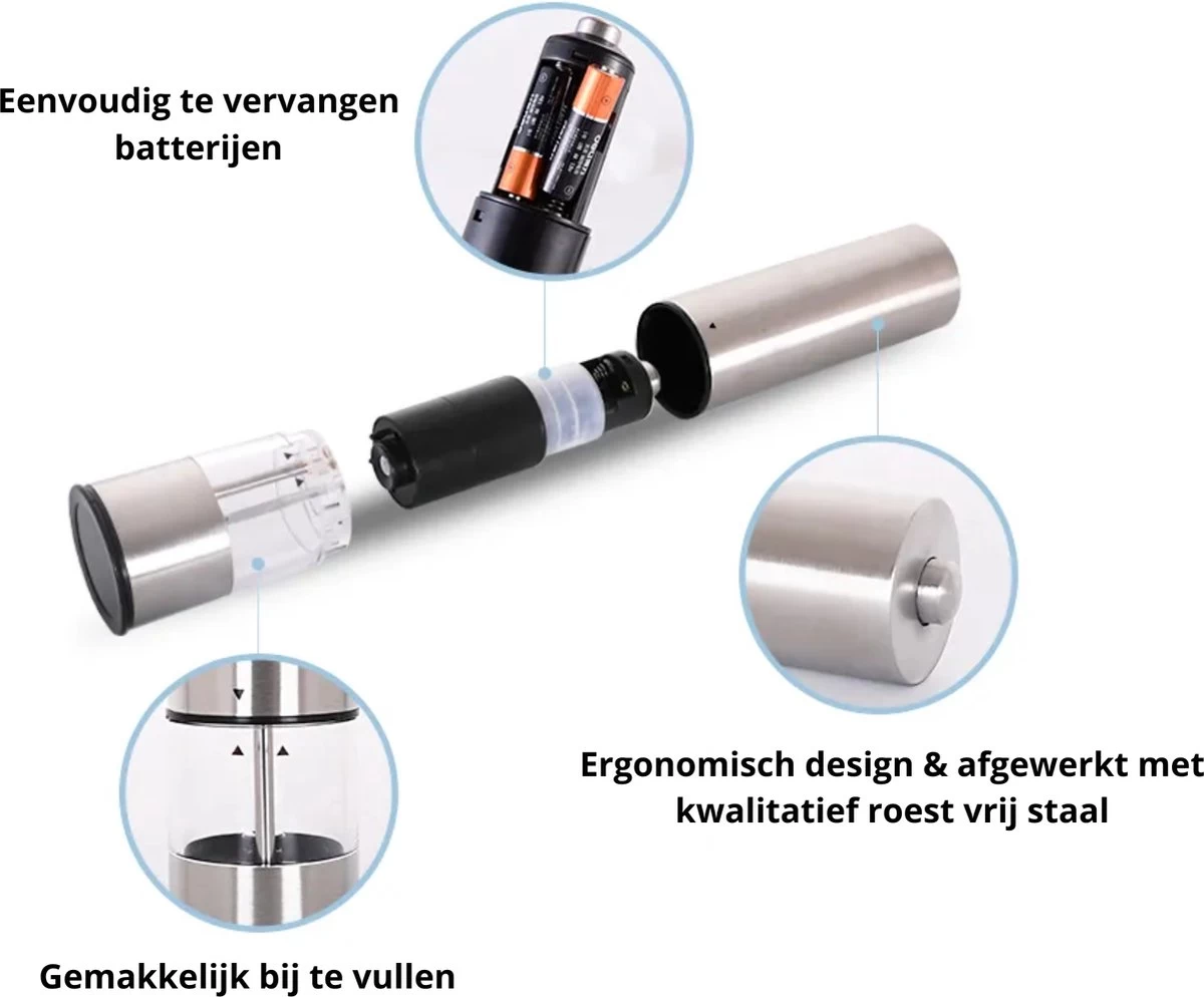 MD-Goods ® Elektrische Peper En Zoutmolen Set - Pepermolen - RVS - Cadeau - Restaurant Kwaliteit 2 MD-Goods ® Elektrische Peper En Zoutmolen Set - Pepermolen - RVS - Cadeau - Restaurant Kwaliteit - Afbeelding 2