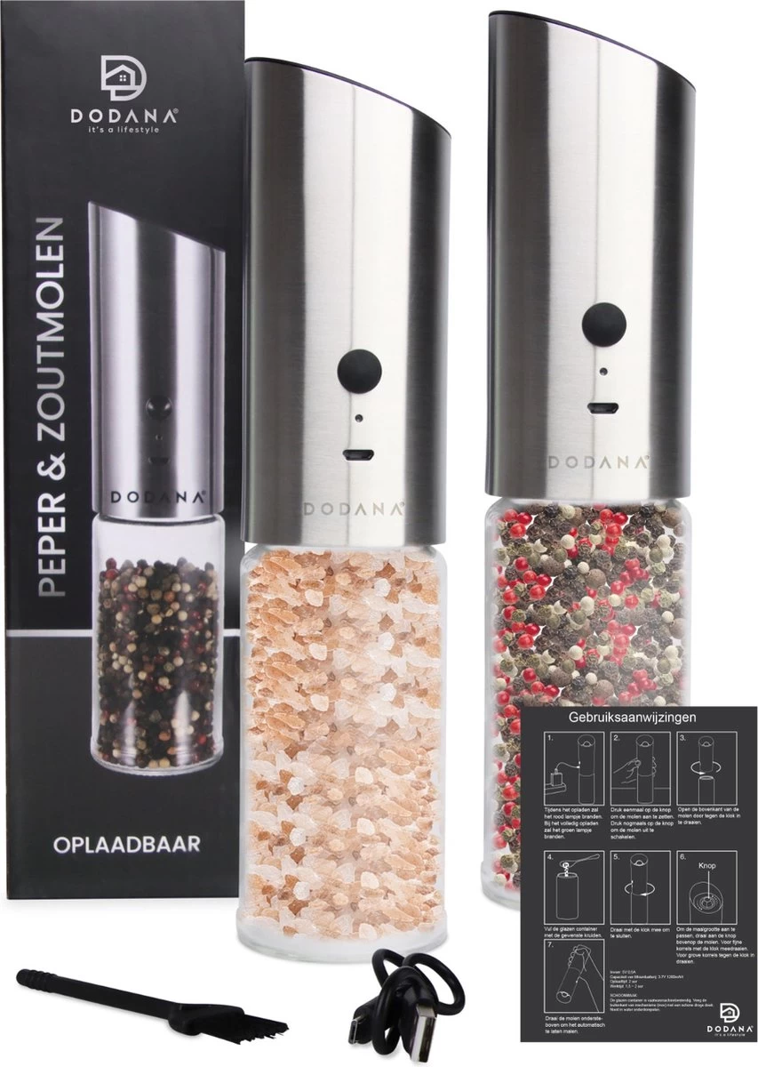 DODANA Premium Peper - & Zoutmolen Elektrisch - 1 Stuk - Pepermolen - Zoutmolen - Oplaadbaar - USB - Elektrische Pepermolen - RVS - Zwaartekracht Functie - LED Lamp - Nl Handleiding - Incl Borsteltje 1 DODANA Premium Peper - & Zoutmolen Elektrisch - 1 Stuk - Pepermolen - Zoutmolen - Oplaadbaar - USB - Elektrische Pepermolen - RVS - Zwaartekracht Functie - LED Lamp - Nl Handleiding - Incl Borsteltje