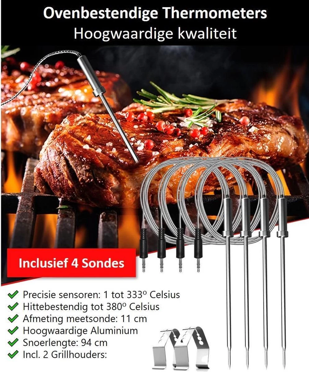 Hermanos® Digitale BBQ Thermometer Draadloos - Keukenthermometer - Bluetooth Met App - 4 Sondes - Magneet - Incl. Batterijen 11 Hermanos® Digitale BBQ Thermometer Draadloos - Keukenthermometer - Bluetooth Met App - 4 Sondes - Magneet - Incl. Batterijen - Afbeelding 11